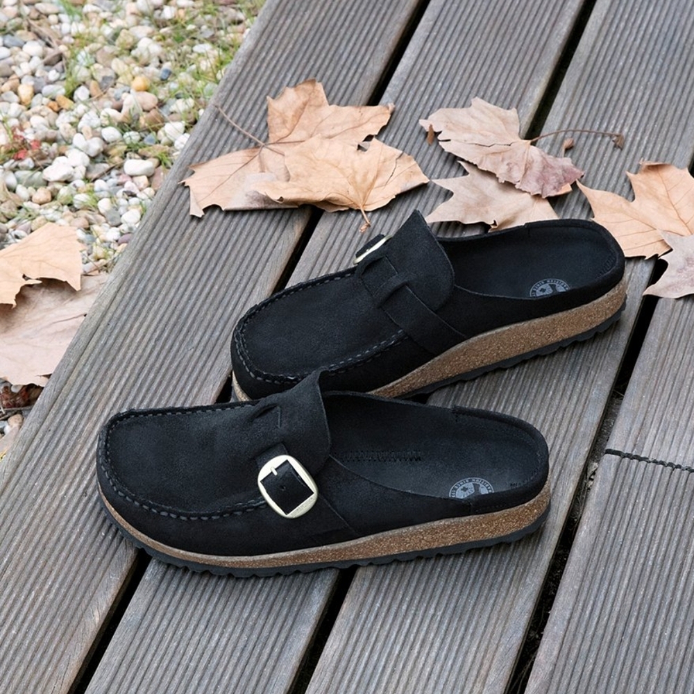 UGG Buckley Black Suede Clogs with Buckle